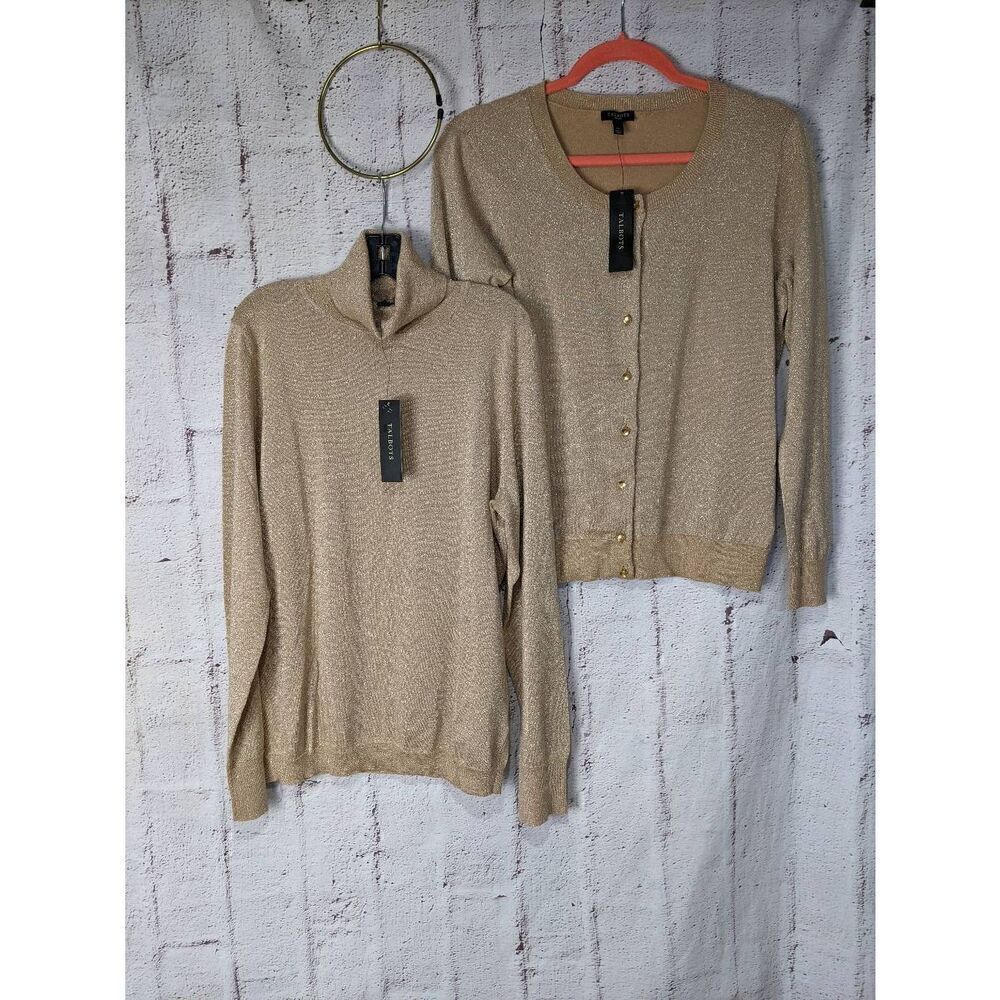 Talbots Womens Knit Good‎ Metallic Turtleneck Sweater Button up Front Cardigan 2